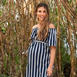 Navy striped off the shoulder maternity dress